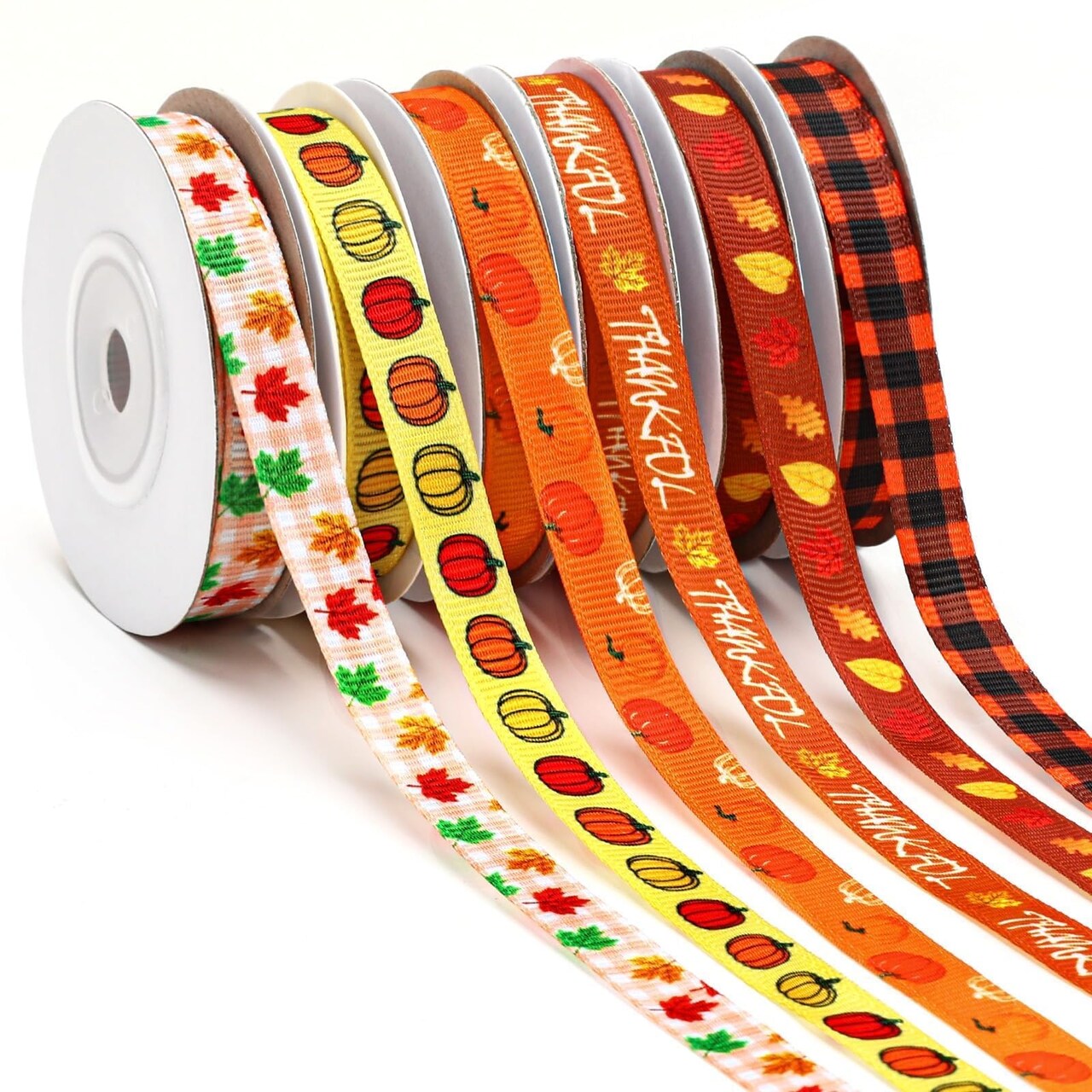 DECYOOL Fall Ribbon, 6 Rolls 60 Yards Autumn Thanksgiving Grosgrain Ribbons 10 mm Wide Orange Pumpkin Maple Leaf Ribbon for Gift Wrapping Bow Wreath